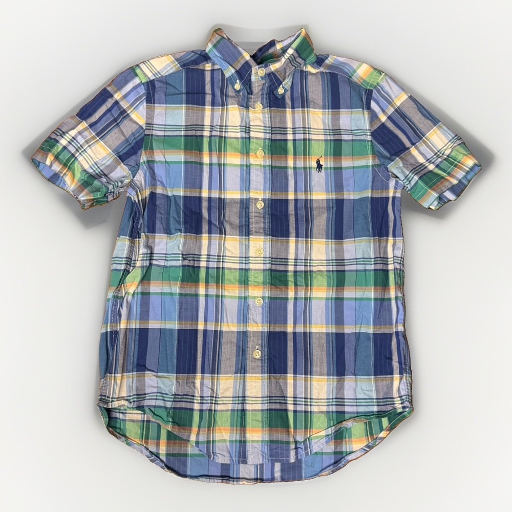 Boys Polo Ralph Lauren blue/green/ yellow multi-plaid Short Sleeve Size M 10-12